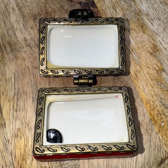 Porcelain Hinged Trinket Lunch Box Cowboy & Horse With Cookie Miniature Red Cute - Picture 6 of 9